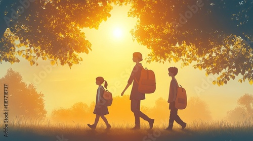 Parents and children walking to school on a sunny morning, back to school concept