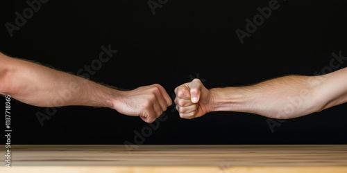 In a dramatic and low-light setting, two hands prepare to fist bump, symbolizing camaraderie, mutual support, and connection between individuals in a modern society. photo