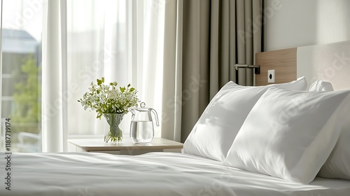 Sunlit hotel room with fresh flowers, water pitcher, and crisp white bedding.