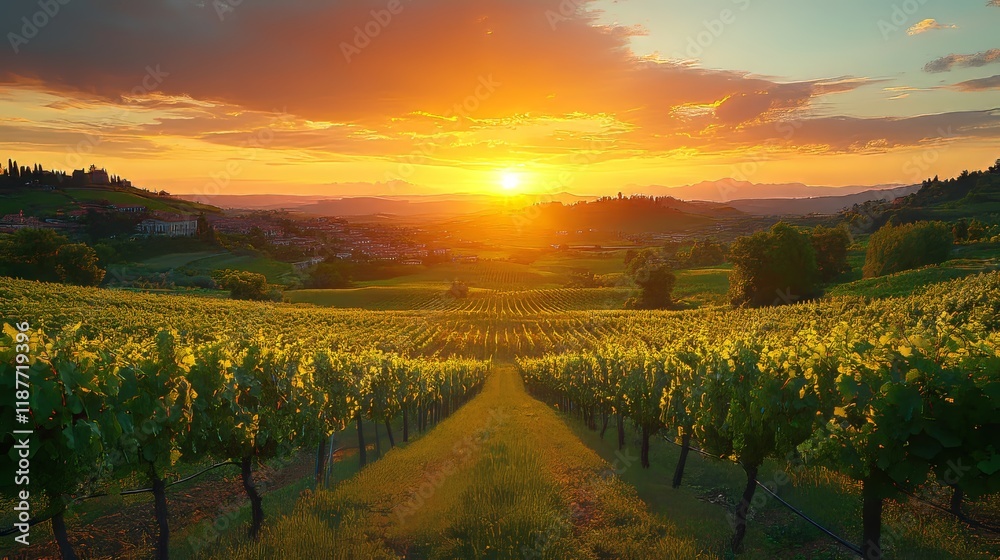 Fototapeta premium Sunset over lush vineyard landscape with vibrant sky and rolling hills