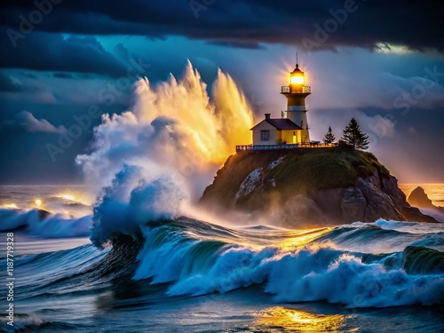 Dramatic Low Light Wave Crashing at Tillamook Head Lighthouse, Oregon Coast photo