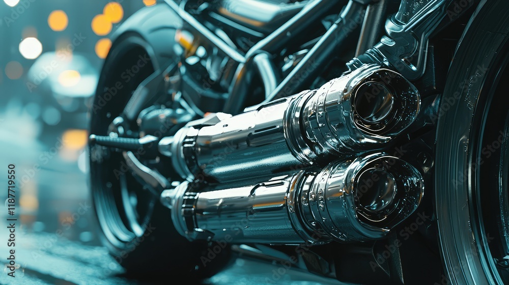 Fototapeta premium Close-Up of Motorcycle Exhaust Pipes in Urban Night Setting