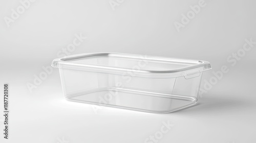 Clear plastic rectangular container with lid, isolated on white background.