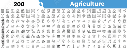 A collection of 200 line icons related to agriculture, depicting various tools, plants, and farm animals.