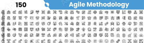 150 Agile Methodology Icons Set. Black and White Outline Design.