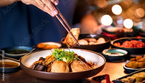 Faceless man eat Hwe in restaurant with bokeh background. Korean Food. photo