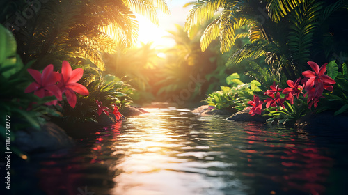 3D Illustration Tropical Paradise Sunset Jungle River Flowers Palm Trees Nature Scenery