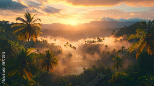 Photo - Tropical Sunrise Palm Trees, Mist, Mountains, Nature, Landscape, Scenic, Travel, Destination, Paradise