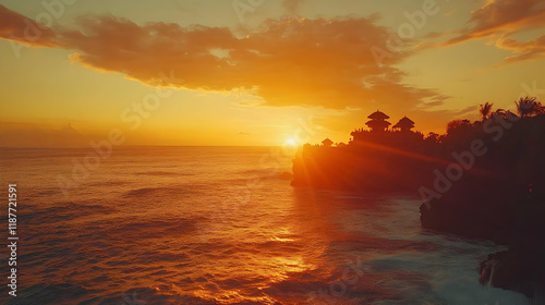 Photo - Majestic Sunset over Coastal Temple and Tranquil Ocean Waters