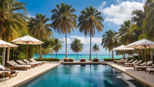 With magnificent coconut palm trees standing in the early morning, the resort's beautiful outdoor pool is surrounded by an opulent umbrella and chair arrangement.