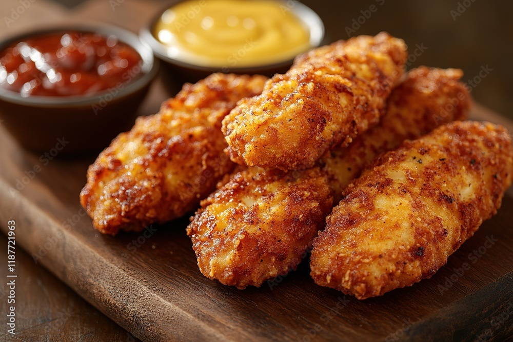 Breaded chicken strips or nuggets with two kinds of sauces and fried potatoes on a wooden Board. Fast food on dark brown background. with copy space