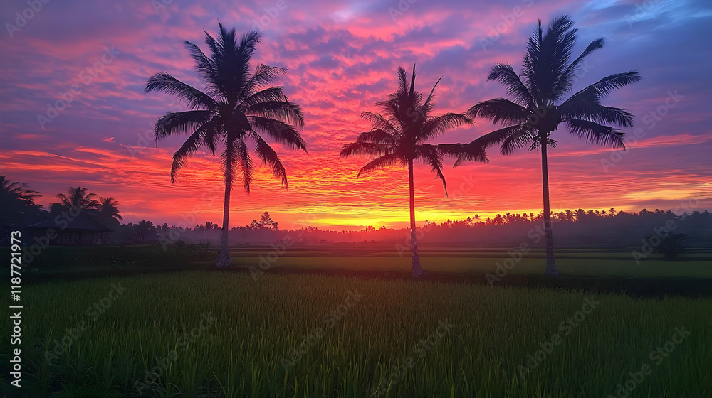 Photo - Tropical Sunrise over Rice Paddy with Palm Trees Photo - Tropical Sunrise over Rice Paddy with Palm Trees