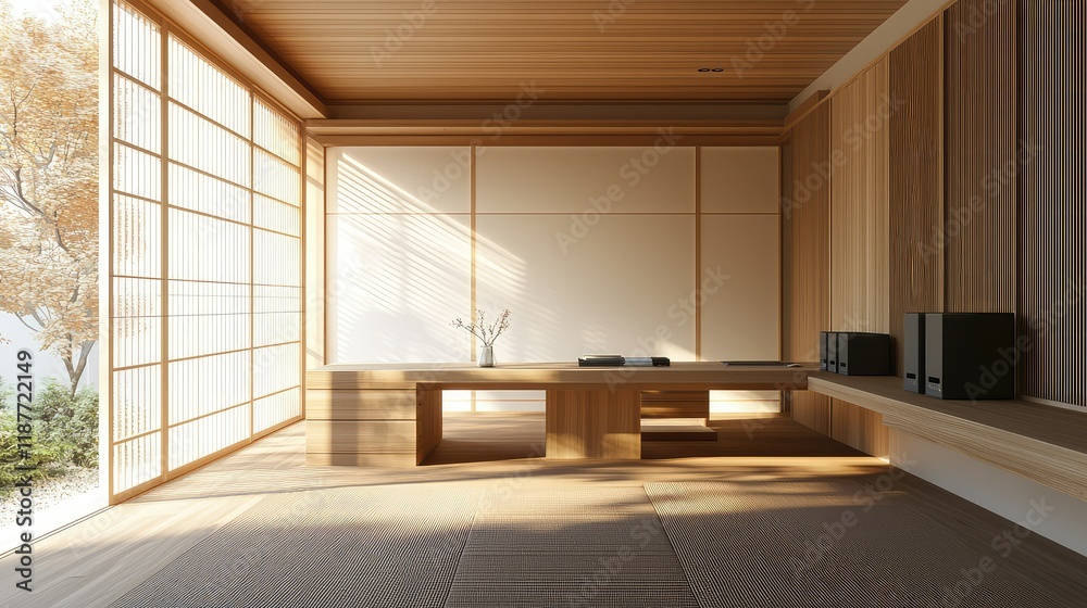 Naklejka premium Tranquil Japanese Interior with Natural Light and Minimalist Design