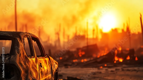 A burnt-out car amidst a devastated landscape at sunset, evoking themes of destruction and loss. photo