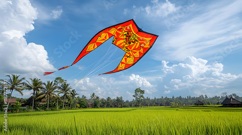 Photo - Colorful Kite Soaring Over Lush Green Rice Paddy Field Under Blue Sky with Clouds