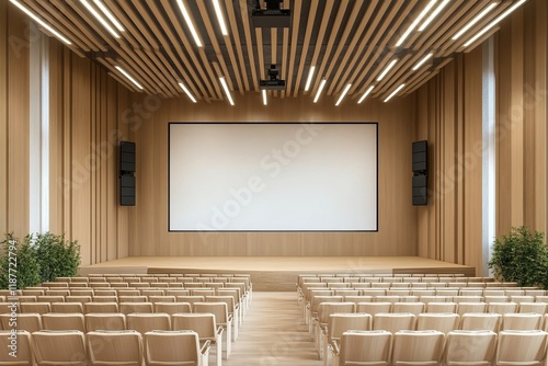 Modern auditorium with wooden seats and large screen for conferences and presentations