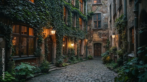 Serene Ivy-Covered Alleyway with Warm Lanterns in Historic City