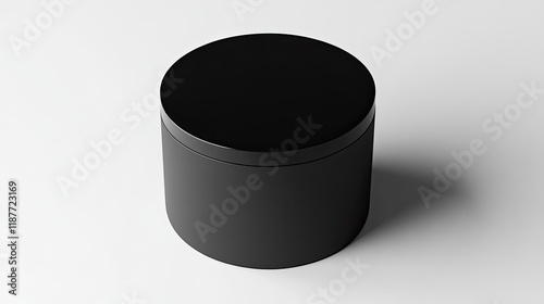 Black cylindrical container, blank label, round tin, mockup, isolated on white background.