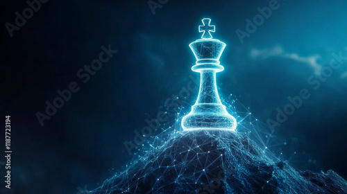 Futuristic holographic chess king projected above digital landscape, symbolizing strategy and intelligence in modern context