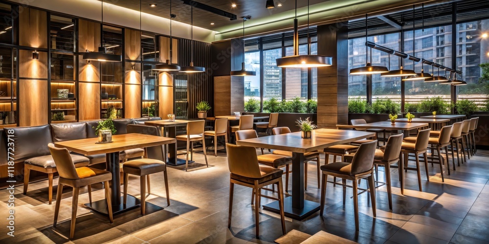 Modern restaurant interior with high table and chairs set in a dimly lit room, chairs