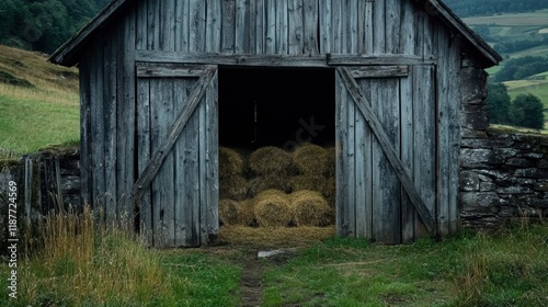 Weathered wooden barn with open doors revealing hay stacks on a serene field backdrop. Generative AI