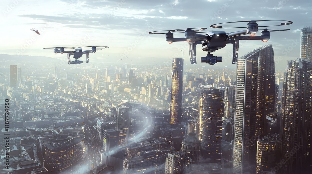 Drones Over Futuristic Cityscape at Dusk with Bright Lights Drones Over Futuristic Cityscape at Dusk with Bright Lights