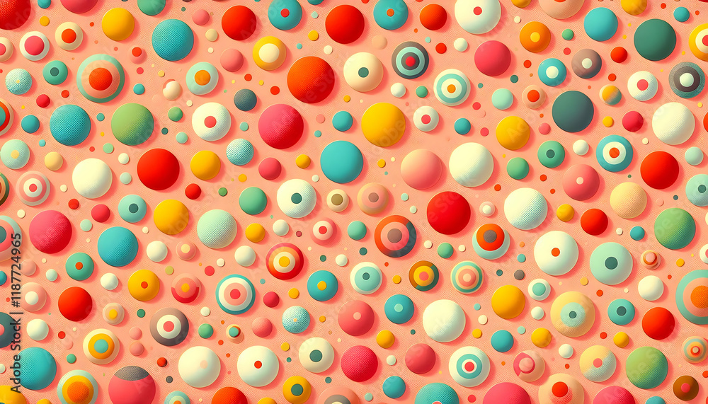 Background A pattern of colorful polka dots on a soft coral background The dots are in shades of pink, red, yel4
