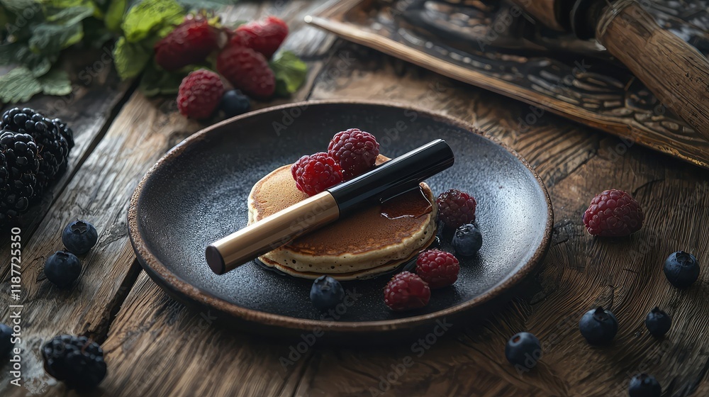 Fototapeta premium Delicious Pancake with Fresh Berries and Chocolate on Rustic Table