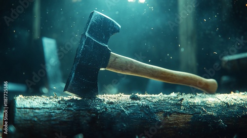 Axe on log, dark workshop, woodcraft