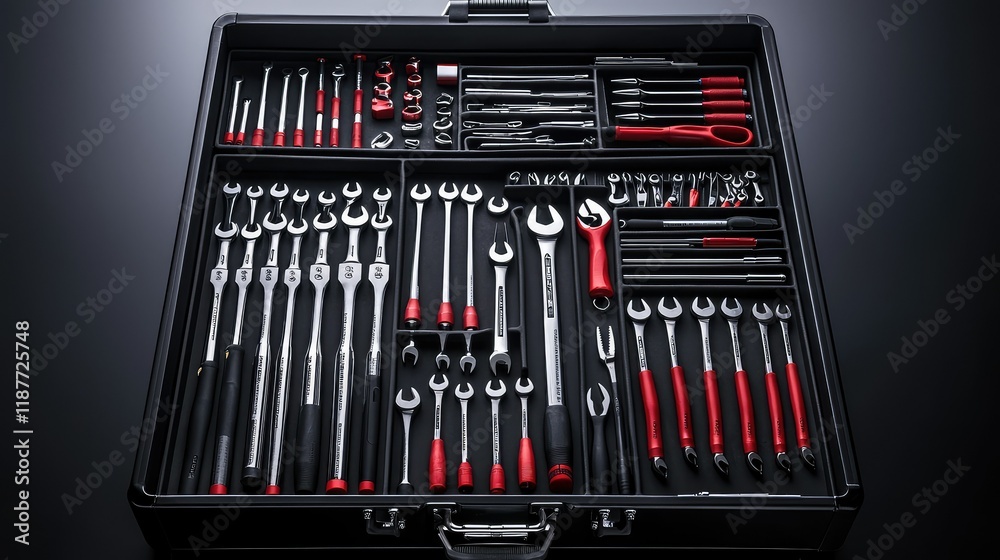 Obraz premium Stylish and Organized Tool Set in a Black Case with Red Accents