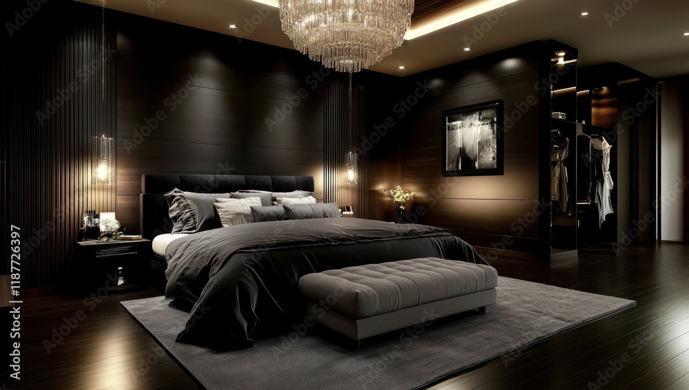 Fototapeta premium Elegant Black Bedroom Interior Design With Chandelier