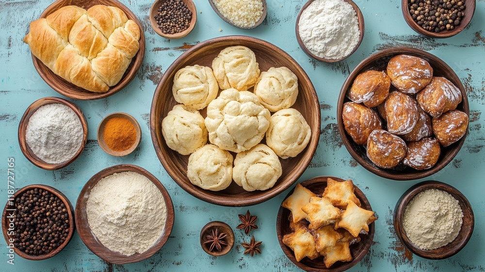 Overhead shot of various baked goods, flours, and spices. Perfect for baking, food blogs, or culinary articles. Overhead shot of various baked goods, flours, and spices. Perfect for baking, food blogs, or culinary articles.