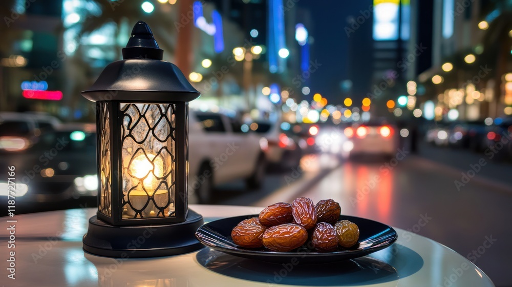 Illuminated Lantern and Dates: A Serene Night Scene