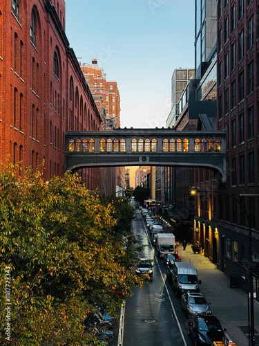 Photography Street View from The High Line with Connecting Bridge and Traffic