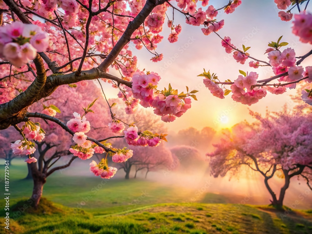 Early Spring Cherry Blossom Tree, Soft Bokeh, Sunrise, Pink Blossoms, Japanese Garden Early Spring Cherry Blossom Tree, Soft Bokeh, Sunrise, Pink Blossoms, Japanese Garden