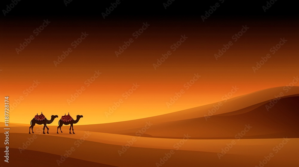 Two camels walk across a desert at sunset. Two camels walk across a desert at sunset.