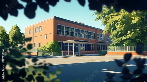 Classic school building with red brick exterior and traditional architecture on a clear day photo