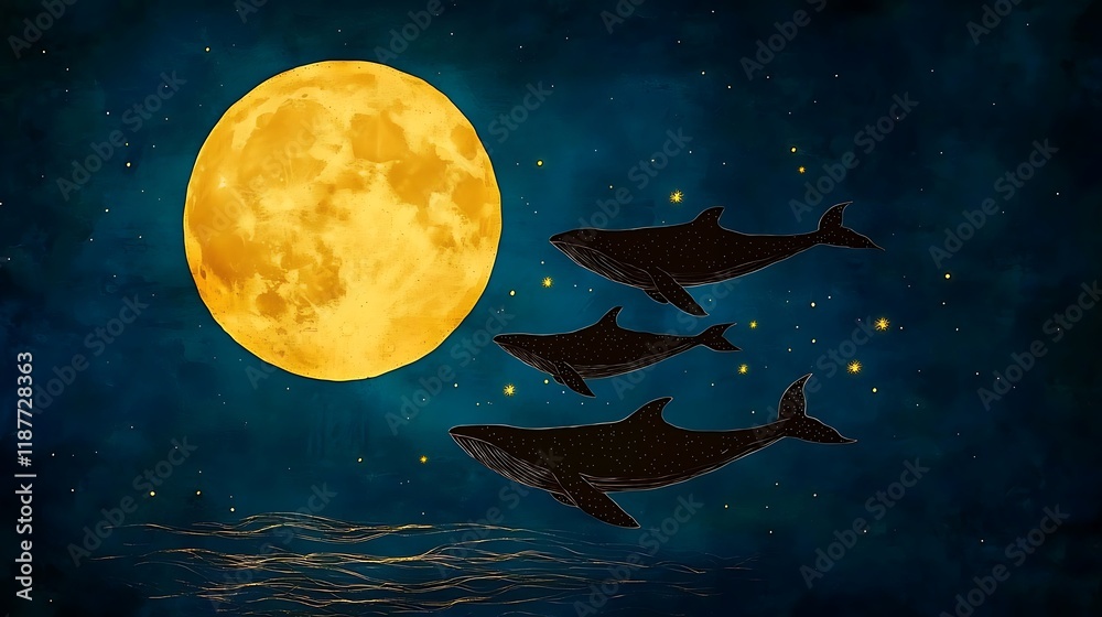 Three whales silhouetted against a large, yellow moon and starry night sky above dark ocean water. Three whales silhouetted against a large, yellow moon and starry night sky above dark ocean water.