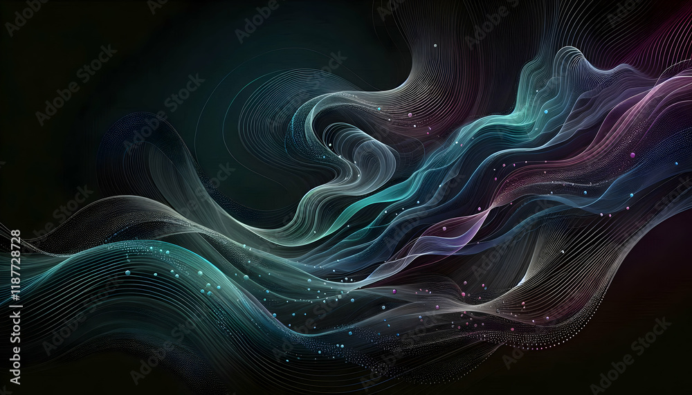 Obraz premium Background A dark background with irregular, curved abstract lines in shades of teal, purple, and silver, formi2