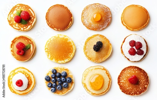 Twelve mini pancakes with various toppings.