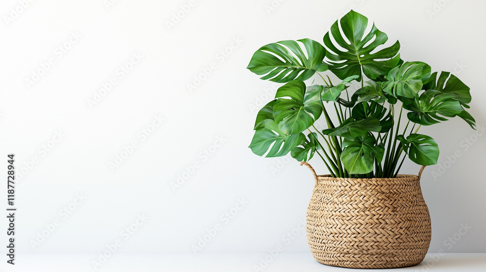 Fototapeta premium A lush monstera plant in a wicker basket set against a minimalist white background. 