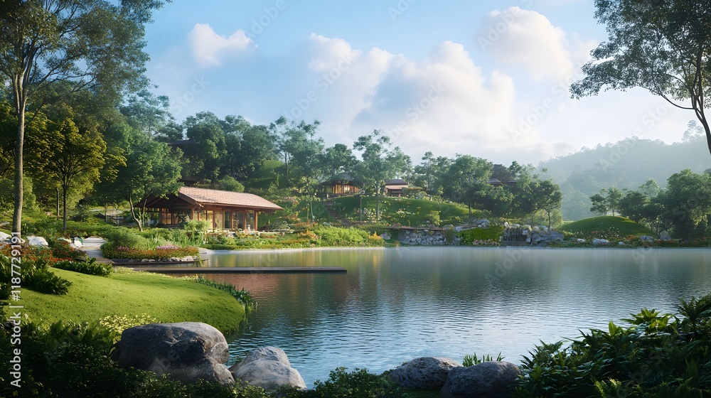 Fototapeta premium Serene Lakeside Village Houses Nestled In Lush Green Hills
