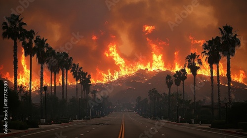 Wildfire engulfing hillside, palm trees line street, residential area, disaster scene; news, insurance