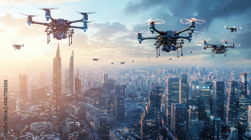 Drones Flying Over Urban Skyline at Sunset with Cityscape Background Drones Flying Over Urban Skyline at Sunset with Cityscape Background