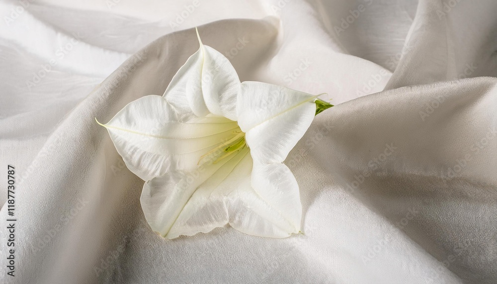 White Brugmansia Flower on a Draped Soft White Silk Fabric White Brugmansia Flower on a Draped Soft White Silk Fabric