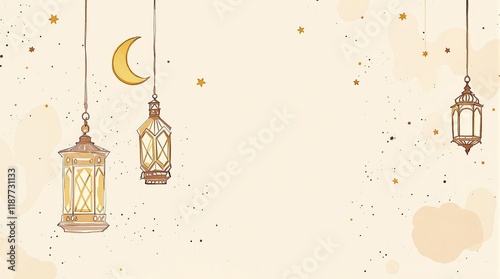 A minimalist Ramadan Kareem background with a soft beige tone, golden lanterns, and crescent moons, creating a modern yet traditional look.