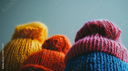 Colorful knitted winter hats displaying vibrant fashion creativity photo