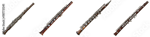 Oboe, dark wood body and silver-plated keys, 3D watercolor illustration collection, PNG transparent background, clipart style