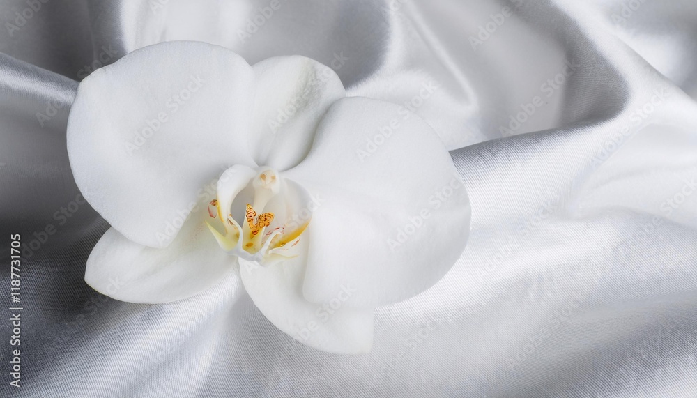 White Orchid Flower on a Draped Soft White Silk Fabric White Orchid Flower on a Draped Soft White Silk Fabric