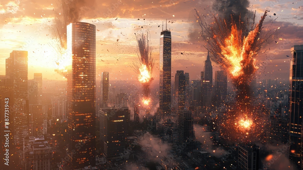 Obraz premium Explosions in a Urban Skyline During Dramatic Sunset Scene